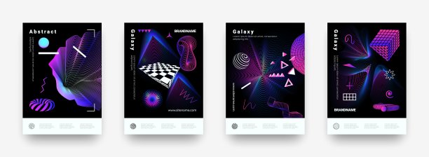 现代形状海报。带有几何元素和赛博朋克小故障效果的未来主义横幅。最小抽象图形和动态网格表面。向量黑色传单模板集图片下载
