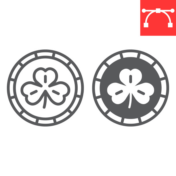 带有三叶草线条和符号图标的硬币图片下载