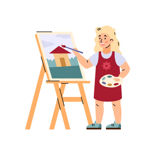 小女孩在画架上的帆布上作画，平面矢量插图孤立。图片下载
