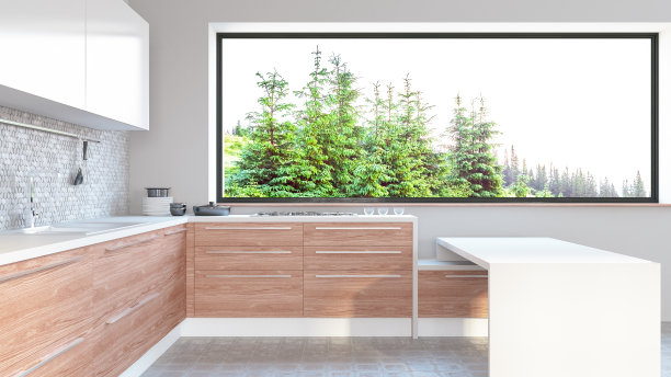 现代厨房与窗户视图图片下载