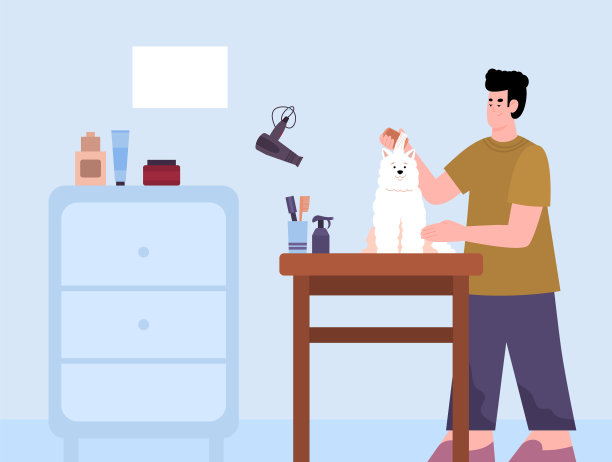 美容沙龙理发师刷狗毛，卡通矢量插图。图片下载