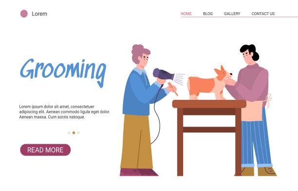 宠物美容沙龙网站与主人或美发师，矢量插图。图片下载
