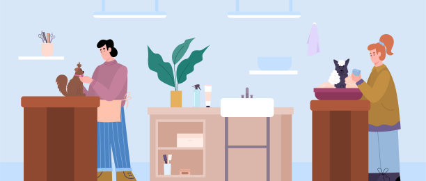 宠物洗漱服务专家，卡通矢量插图。图片下载