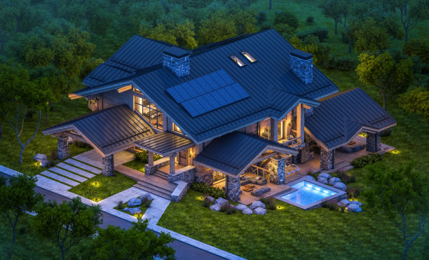 现代舒适的木屋在晚上的3d渲染图片下载