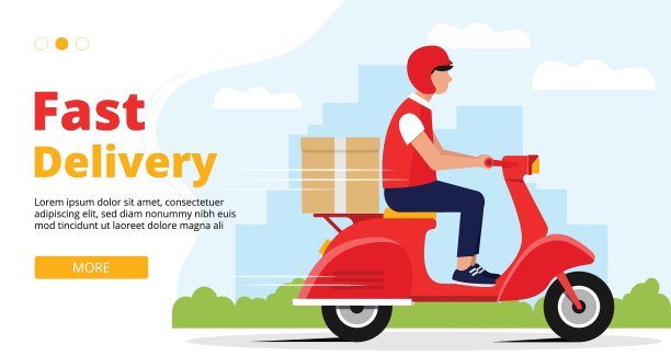 快速交付网络横幅。男快递骑着红色复古摩托车，带着快递纸盒。图片下载