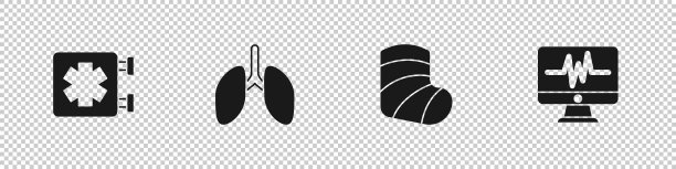 设置医疗符号的紧急，肺，石膏和监视器与心电图图标。向量图片下载