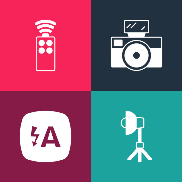 设置流行艺术软箱灯，自动闪光，相机和远程控制图标。向量图片下载