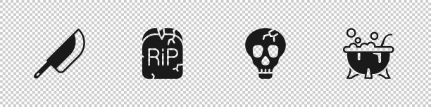 Set Knife, Tombstone with RIP written, Skull and Halloween witch cauldron icon。向量图片下载