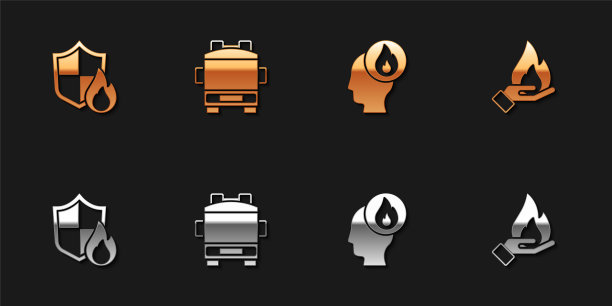 设置防火盾，卡车，消防员和手握火图标。向量图片下载