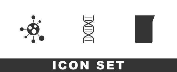 设置分子，DNA符号和实验室玻璃器皿或烧杯图标。向量图片下载