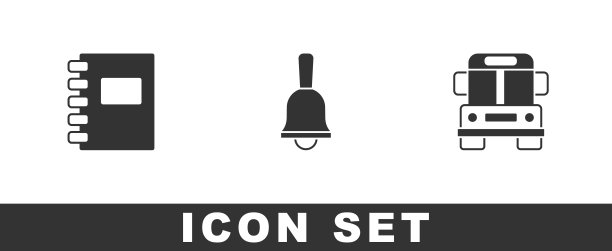 设置螺旋笔记本，铃声和校车图标。向量图片下载