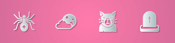 设置剪纸蜘蛛，月亮和星星，猫和墓碑与RIP的图标。纸艺术风格。向量图片下载