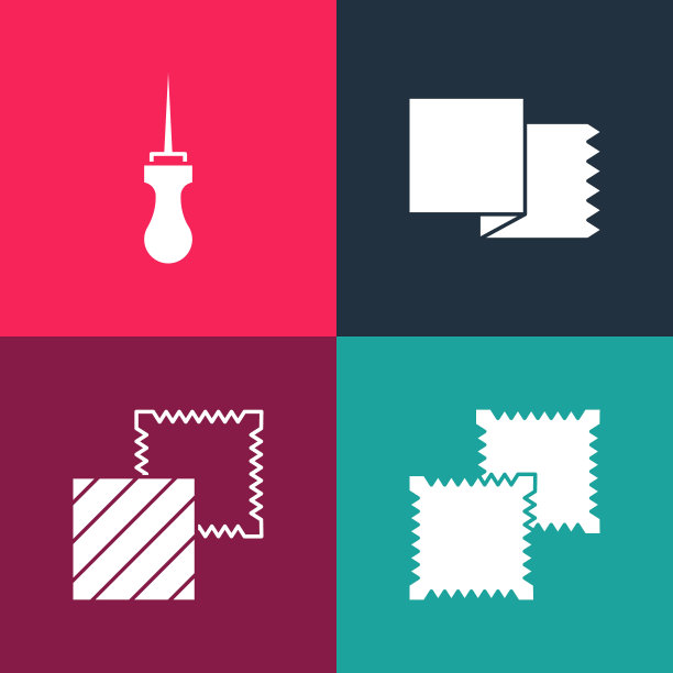 设置流行艺术纺织织物卷，和锥子工具图标。向量图片下载