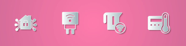 设置剪纸智能家居，电源插头，水壶和恒温器图标。纸艺术风格。向量图片下载