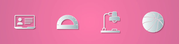 集剪纸在线课，量角器网格，台灯和篮球图标。纸艺术风格。向量图片下载