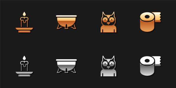 设置燃烧的蜡烛，万圣节女巫坩埚，猫头鹰鸟和厕纸卷图标。向量图片下载