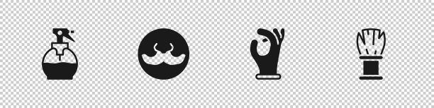 设置发型师手枪喷雾瓶，胡子，医用橡胶手套和剃须刷图标。向量图片下载