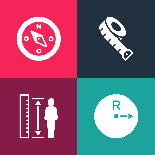 设置流行艺术半径，测量身高身体，磁带和指南针图标。向量图片下载