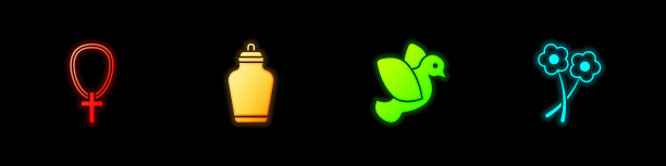 设置基督教十字架链，葬礼骨灰瓮，鸽子和花的图标。向量图片下载