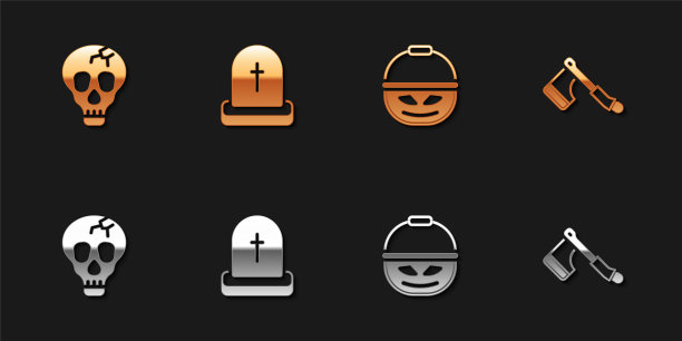 设置骷髅，墓碑与RIP写，南瓜篮子的糖果和木斧图标。向量图片下载