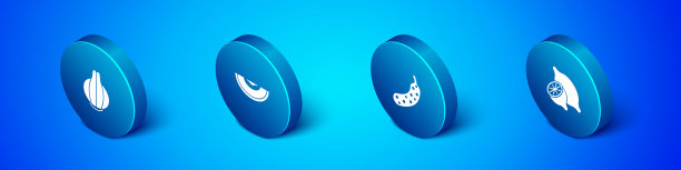 设置等距洋葱，新鲜黄瓜，柠檬和甜瓜水果图标。向量图片下载