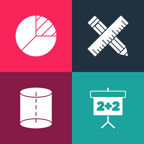 设置流行艺术的黑板，几何图形，划线尺和铅笔和饼图信息图标。向量图片下载