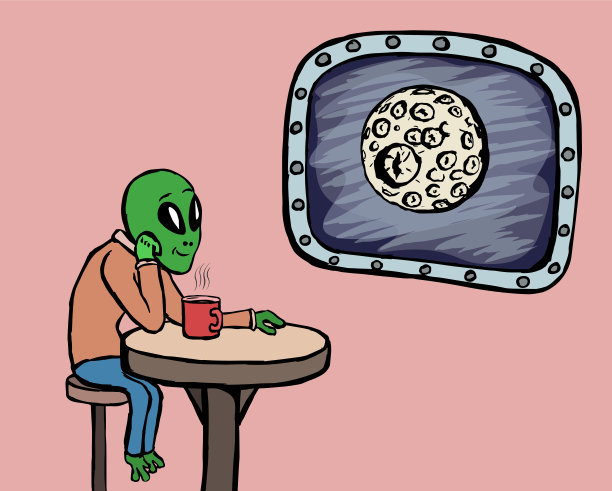 微笑的外星人拿着一杯热咖啡看着月亮图片下载