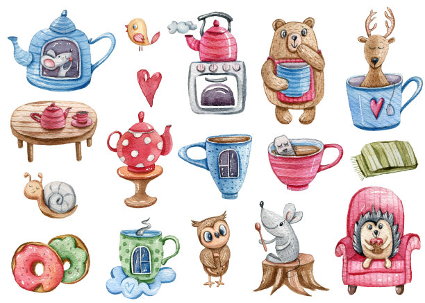 水彩动物生活设置在白色的背景。水彩画日常日常对象。手绘彩色插图用于书籍、印刷品图片下载