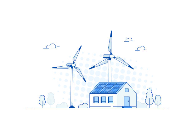 带有太阳能电池板和风力涡轮机的现代住宅。图片下载