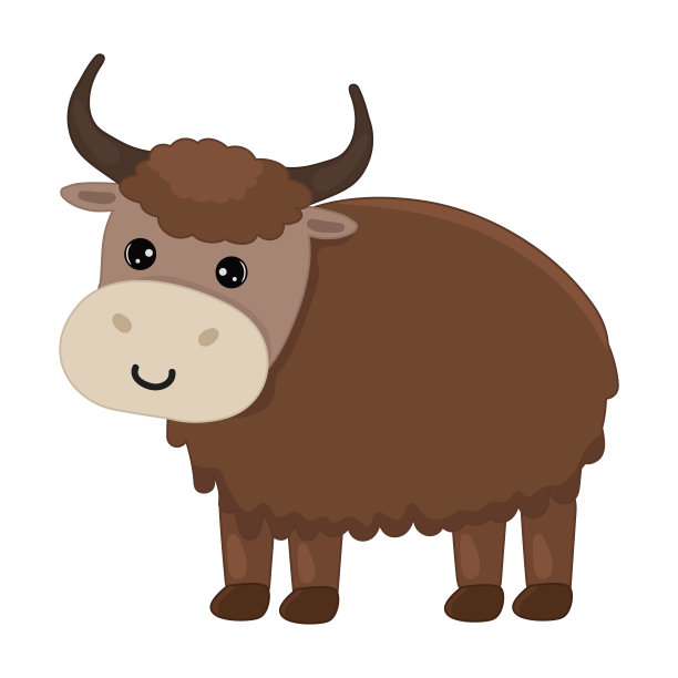 插图与牦牛。孤立在白色背景上。书籍，儿童书籍，动物书籍，贴纸，杂志，设计，工厂，商业图片下载