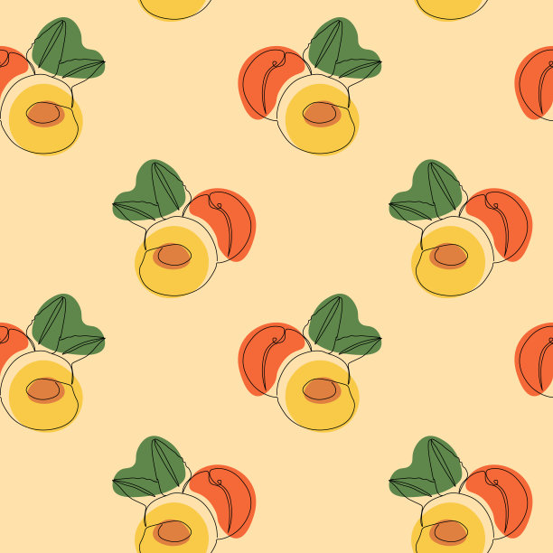 无缝图案与桃色米色背景。连续一行画桃。黑色线条艺术在米色背景与彩色斑点。素食主义的概念图片下载