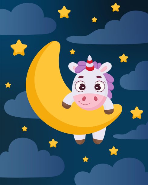 可爱神奇的独角兽在夜空中拥抱月亮。卡通人物为儿童房间装饰，幼儿园艺术，生日派对，宝宝送礼会。明亮的颜色股票矢量插图图片下载
