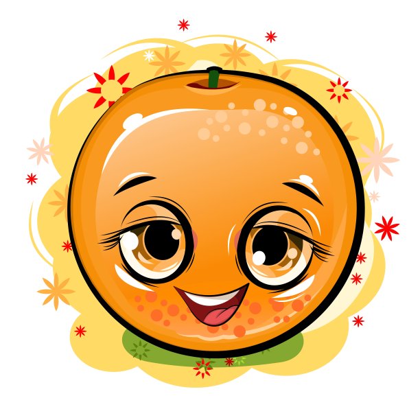 橙色的微笑。有口鼻的多汁的红色水果。卡通风格。隔离在白色背景上。矢量插图。明亮的夏天组成。图片下载