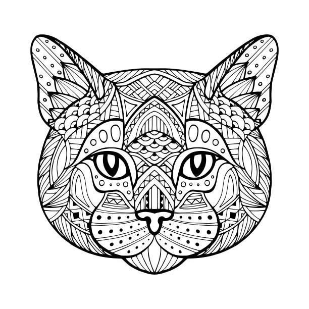 黑白相间的猫，小猫的头。抽象的民族单色猫脸装饰风格。标志。头豹，狮子，猎豹。手工绘制。卡通风格的插图。涂鸦,Zentangle图片下载