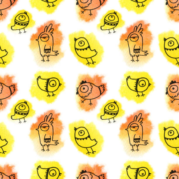 无缝水彩图案与多色涂鸦鸟在一个白色的背景。图片下载