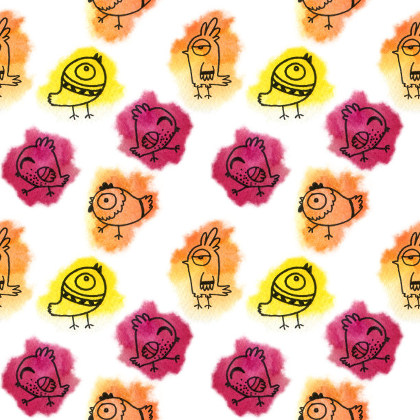 无缝水彩图案与多色涂鸦鸟在一个白色的背景。图片下载