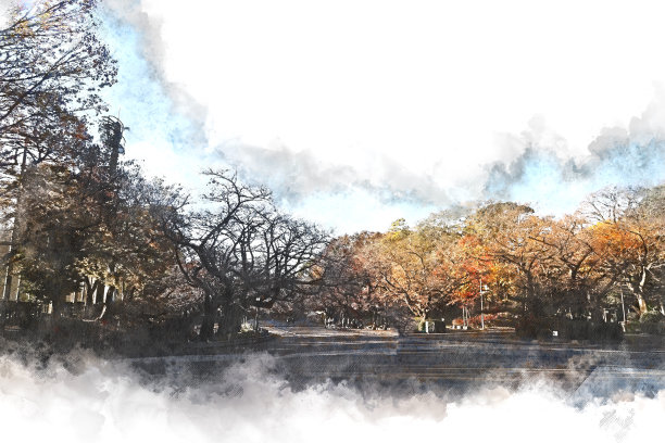 抽象彩色树木景观以水彩插画为背景。图片下载