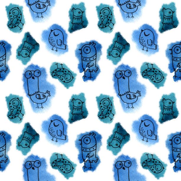 无缝水彩图案与多色涂鸦鸟在一个白色的背景。图片下载