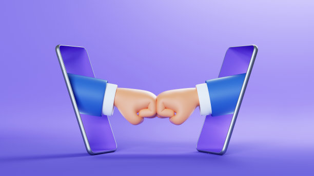 3 d演示。卡通人物拳头，商人的手伸出智能手机屏幕。在线业务剪辑艺术孤立在紫罗兰背景。问候的概念。图片下载