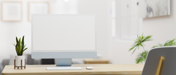 蓝色蜡笔电脑显示器和模型屏幕在办公室的桌子上，3D渲染图片下载