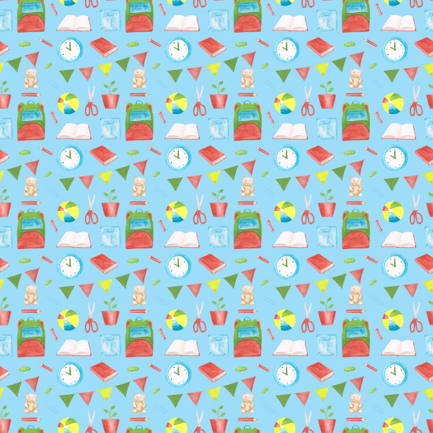 水彩幼儿园无缝模式上的蓝色背景。一个时钟，一本书，一个图钉，花盆里的一株植物，一个球，剪刀，一个背包，一支铅笔，一个花环，和一本打开的书无休止的打印。图片下载