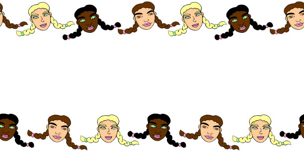 卡通儿童头像无缝边框背景，手绘矢量水平顶部和底部镶边，友谊与平等象征图片下载