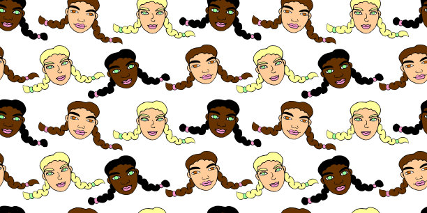 矢量无缝模式与卡通女孩的脸，妇女与两个辫子。用涂鸦手画孩子的头。可爱的背景纹理。不同的和美丽的。象征友谊和平等图片下载