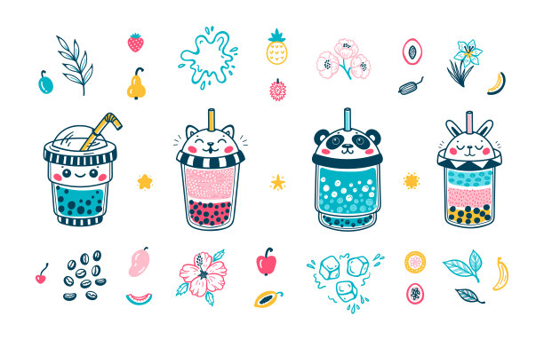 矢量可爱泡泡茶具儿童。塑料外卖杯与有趣的动物:熊猫，猫，兔子和卡哇伊脸。夏季珍珠牛奶饮料及水果，花，叶。珍珠茶与木薯粉饮料图片下载
