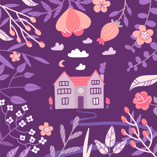 暖暖的春夜在乡村手绘图片下载