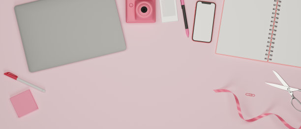 粉红色的工作空间，桌上有智能手机、笔记本电脑、文具、工具和相机，3D渲染图片下载