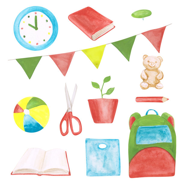 水彩画12幼儿园剪贴画孤立在白色背景上。一个时钟，一本书，一个图钉，花盆里的一株植物，一个球，剪刀，一个背包，一支铅笔，一个花环，以及打开的书的插图。图片下载