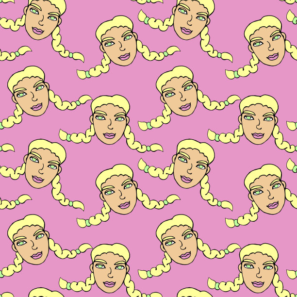 矢量无缝模式与卡通脸的女孩或女人有两个辫子。手绘儿童头部涂鸦风格。宝贝，可爱可爱的质感背景图片下载