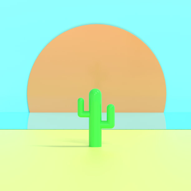 3 d渲染。绿色的塑料仙人掌植物在海边或海边的黄沙或日落或日出。极简主义风格，美学和超现实主义。暑假共鸣。图片下载