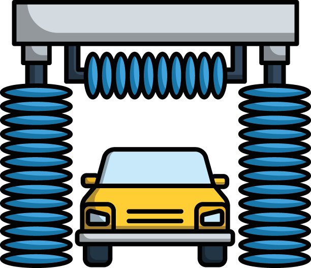 自动洗车服务概念矢量颜色图标设计，自动洗车设备与传送带设备，covid汽车清洗服务符号的白色背景，车辆消毒标志，图片下载
